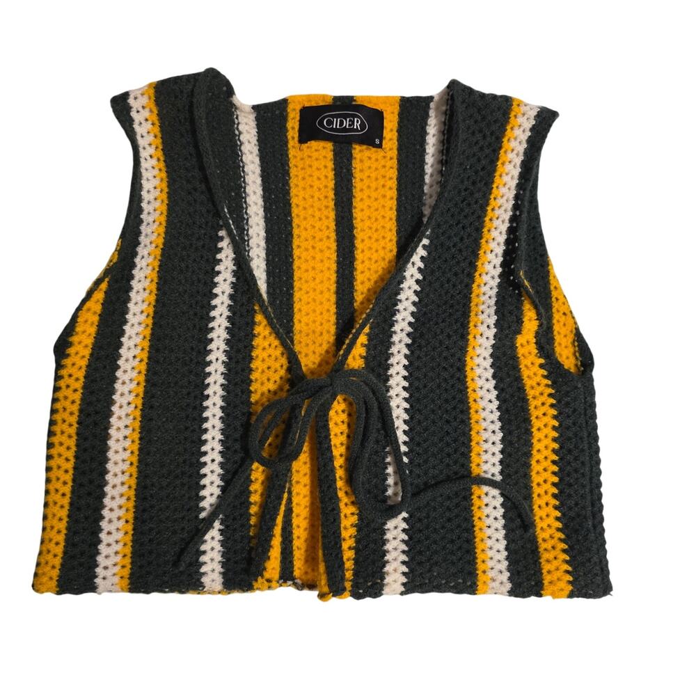 Cider Striped Tie Front Crochet Knit‎ Crop Vest Small Yellow Green White Boho